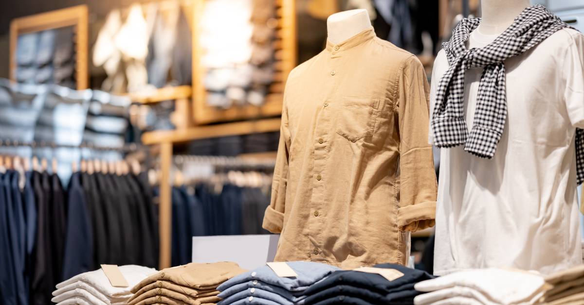 A display of men's shirts in a clothing store. There are stacks of folded shirts on a table and two styled mannequins.